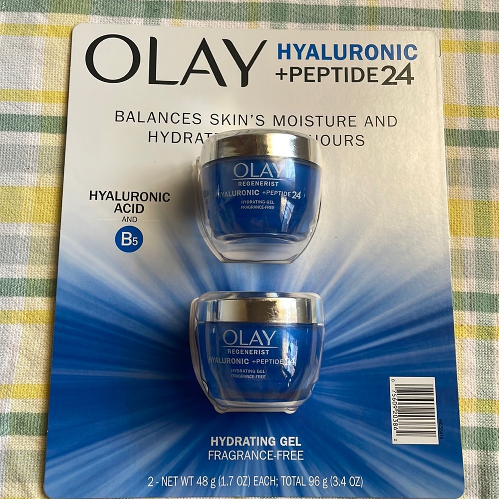 2 jars of Olay Regenerist Hyaluronic+Peptide 24 gel fragrance free moisturizer